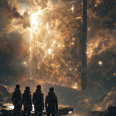 The primary subject of the image is a group of four men standing in front of a large, illuminated structure. The setting appears to be a futuristic environment, possibly a space station or a planet with a unique atmosphere. The visual style of the image is a combination of photo and digital art, creating a striking and captivating scene. The colors and mood of the image are predominantly dark and mysterious, with the illuminated structure serving as a focal point and source of intrigue.
